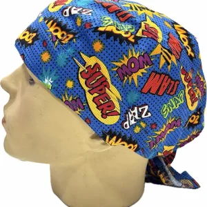 vgorro quirúrgico comic rider supreme con estampado pop art de palabras super wow zap boom snap sobre fondo azul